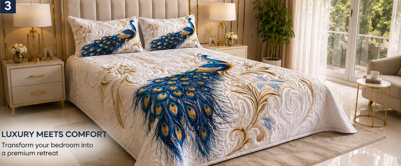🦚 FiberGalaxy Premium 7D Peacock Embossed Bedsheet Set 🦚