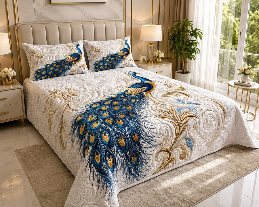 🦚 FiberGalaxy Premium 7D Peacock Embossed Bedsheet Set 🦚