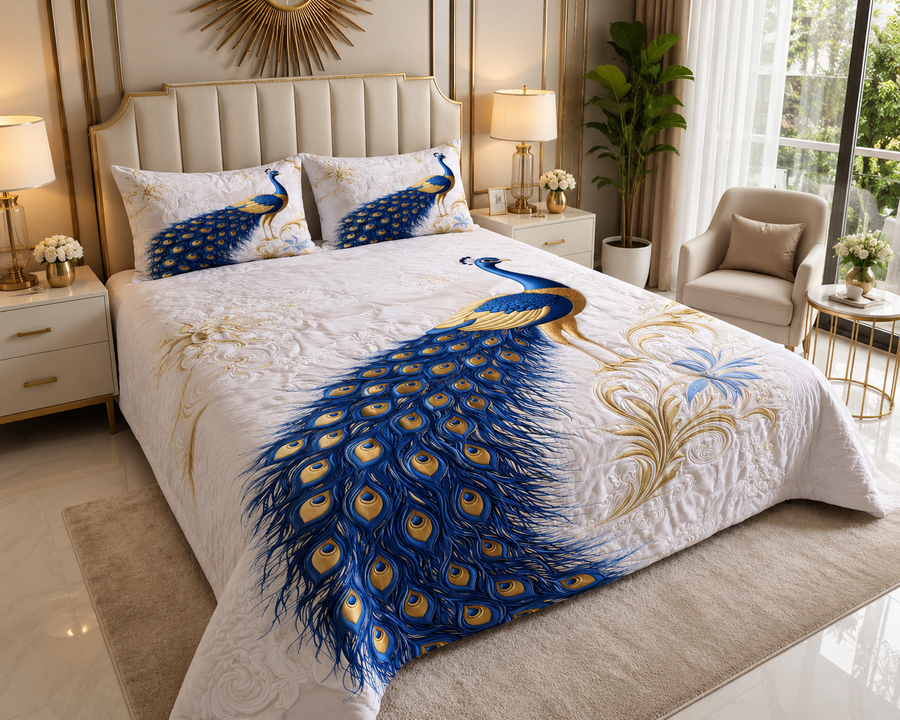 🦚 FiberGalaxy Premium 7D Peacock Embossed Bedsheet Set 🦚