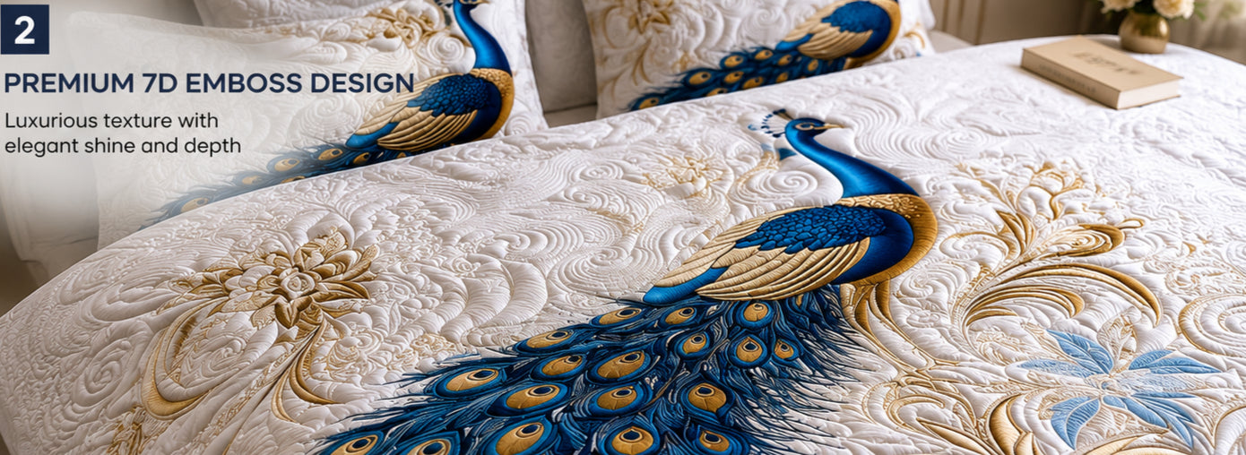 🦚 FiberGalaxy Premium 7D Peacock Embossed Bedsheet Set 🦚