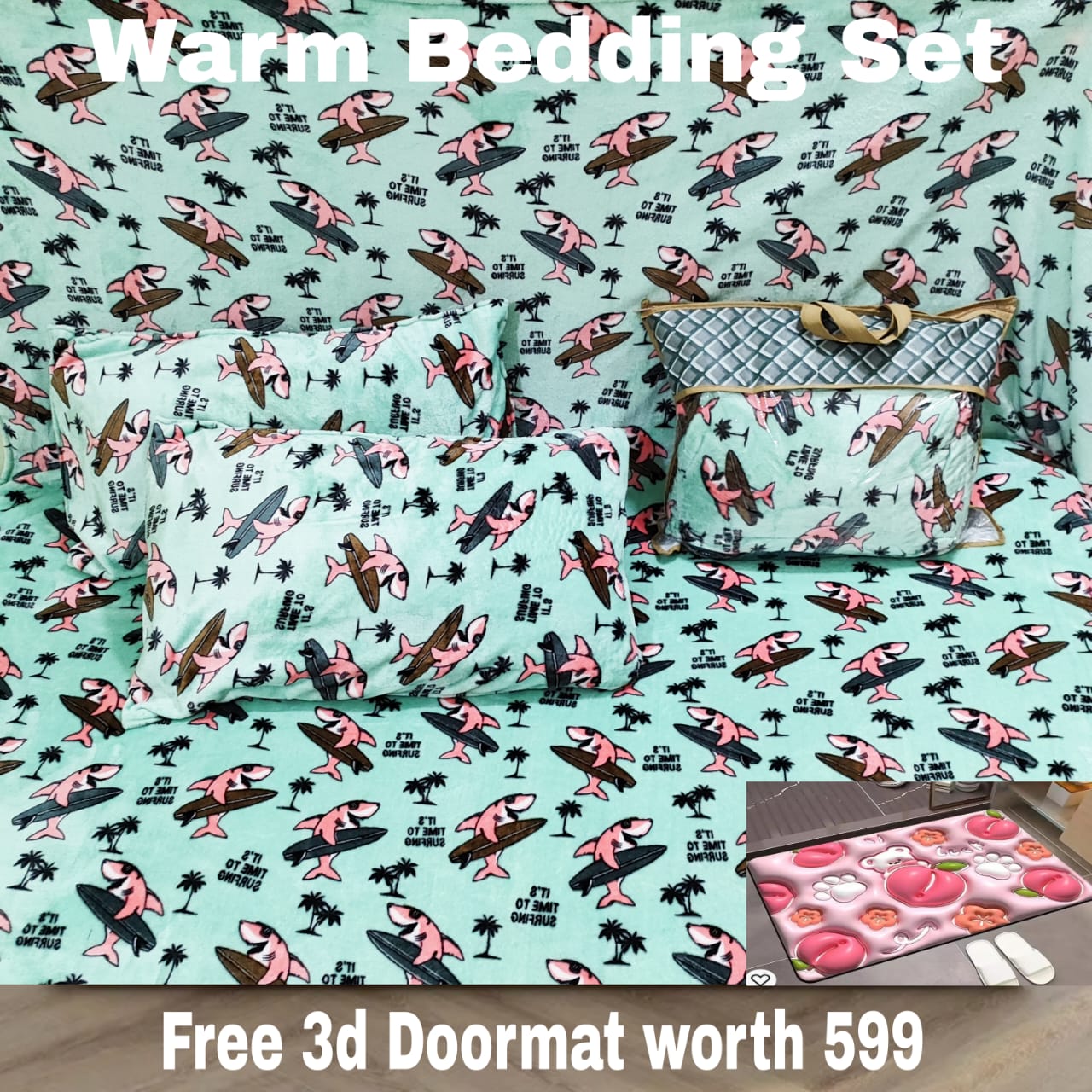 Warm flannel Imported Bedsheet(With free 3d DoorMat)
