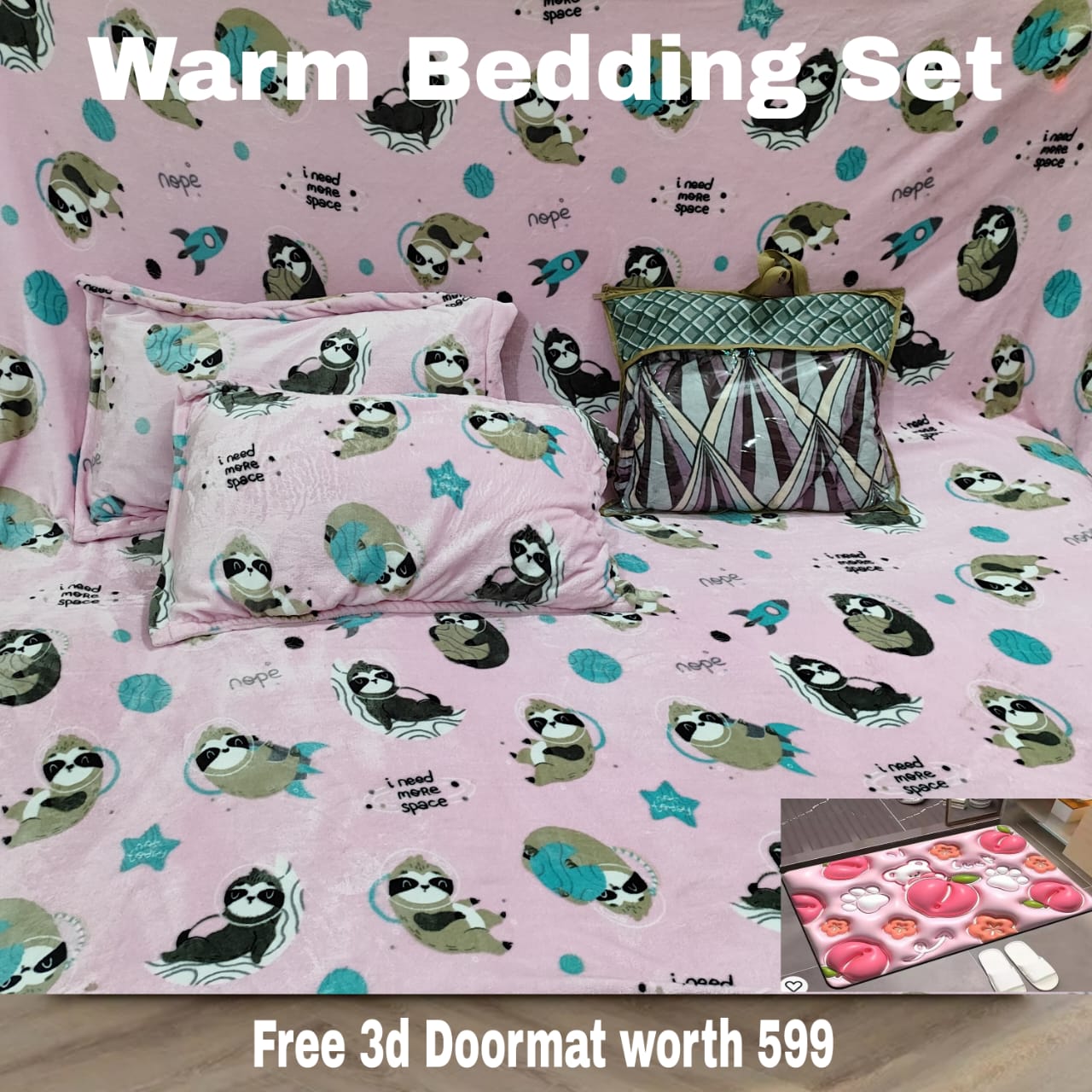 Warm flannel Imported Bedsheet(With free 3d DoorMat)