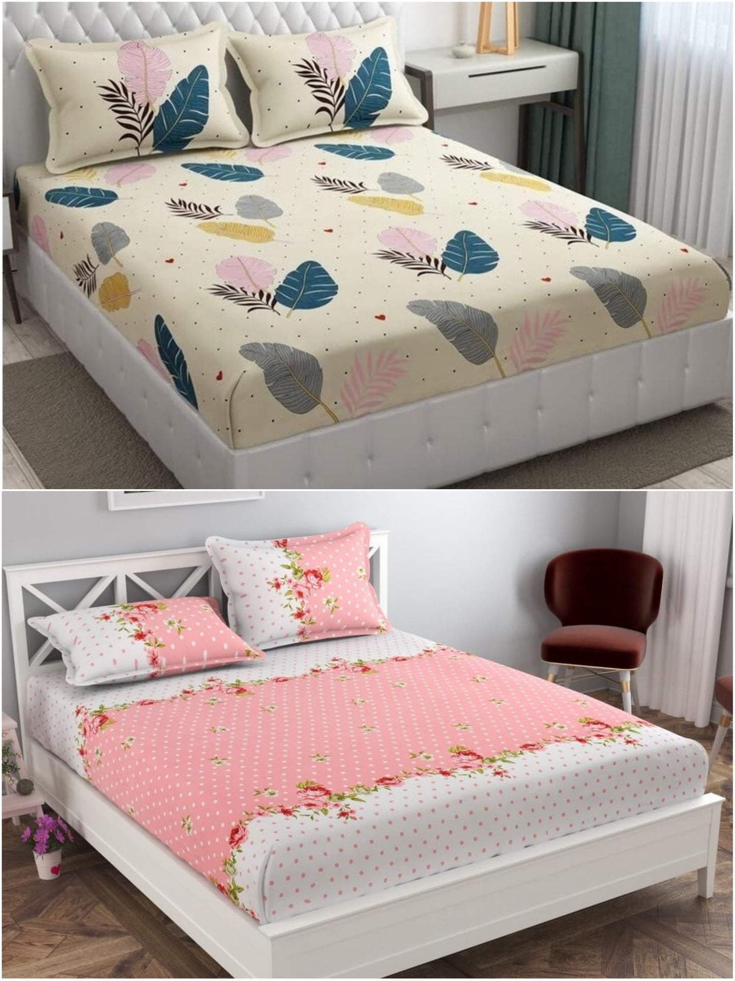 King Size Elastic Bedsheets With Two Pillow Covers(Buy 1 Get 1 Free)